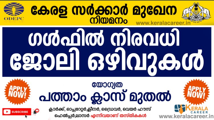 കേരള സർക്കാർ ഏജൻസി വഴി ഗൾഫിൽ നിരവധി തൊഴിലവസരങ്ങൾ; യോഗ്യത പത്താം ക്ലാസ് മുതൽ